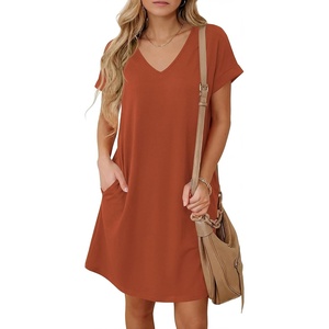 BTFBM Womens Summer Dresses 2026 Pockets Short Sleeve Loose Nightgowns Pajama Beach Vacation Casual Spring T Shirt Dress(Brick Red)