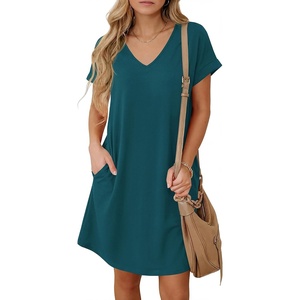 BTFBM Womens Summer Dresses 2026 Pockets Short Sleeve Loose Nightgowns Pajama Beach Vacation Casual Spring T Shirt Dress(Dark Lake Blue)