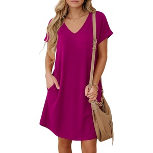 BTFBM Womens Summer Dresses 2026 Pockets Short Sleeve Loose Nightgowns Pajama Beach Vacation Casual Spring T Shirt Dress(Dark Purple Red)