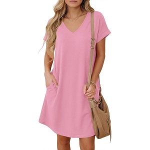 BTFBM Womens Summer Dresses 2026 Pockets Short Sleeve Loose Nightgowns Pajama Beach Vacation Casual Spring T Shirt Dress(Light Pink)
