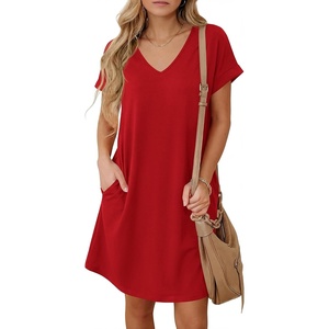 BTFBM Womens Summer Dresses 2026 Pockets Short Sleeve Loose Nightgowns Pajama Beach Vacation Casual Spring T Shirt Dress(Red)
