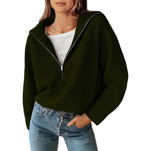 BTFBM Womens Sweaters Quarter Zip Pullover V Neck Collar Long Sleeve Ribbed Knit Loose Casual 2026 Winter Fall Sweater(Army Green)
