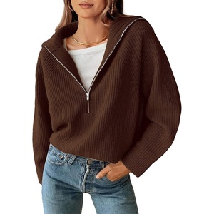 BTFBM Womens Sweaters Quarter Zip Pullover V Neck Collar Long Sleeve Ribbed Knit Loose Casual 2026 Winter Fall Sweater(Brown)