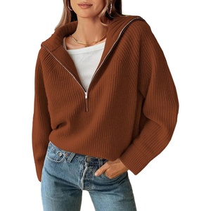 BTFBM Womens Sweaters Quarter Zip Pullover V Neck Collar Long Sleeve Ribbed Knit Loose Casual 2026 Winter Fall Sweater(Caramel)