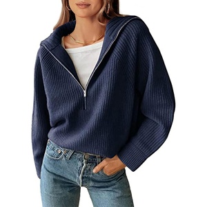BTFBM Womens Sweaters Quarter Zip Pullover V Neck Collar Long Sleeve Ribbed Knit Loose Casual 2026 Winter Fall Sweater(Denim Blue)