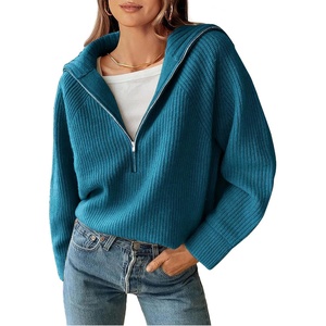 BTFBM Womens Sweaters Quarter Zip Pullover V Neck Collar Long Sleeve Ribbed Knit Loose Casual 2026 Winter Fall Sweater(Grey Blue)