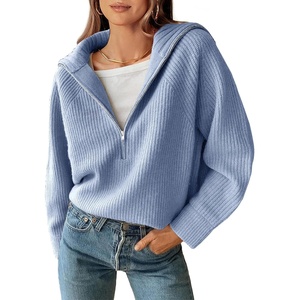 BTFBM Womens Sweaters Quarter Zip Pullover V Neck Collar Long Sleeve Ribbed Knit Loose Casual 2026 Winter Fall Sweater(Light Blue)