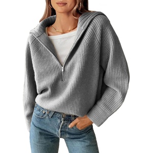 BTFBM Womens Sweaters Quarter Zip Pullover V Neck Collar Long Sleeve Ribbed Knit Loose Casual 2026 Winter Fall Sweater(Light Grey)