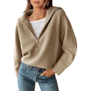 BTFBM Womens Sweaters Quarter Zip Pullover V Neck Collar Long Sleeve Ribbed Knit Loose Casual 2026 Winter Fall Sweater(Light Khaki)