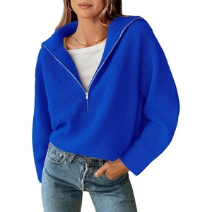 BTFBM Womens Sweaters Quarter Zip Pullover V Neck Collar Long Sleeve Ribbed Knit Loose Casual 2026 Winter Fall Sweater(Royal Blue)