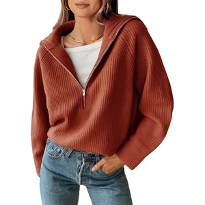 BTFBM Womens Sweaters Quarter Zip Pullover V Neck Collar Long Sleeve Ribbed Knit Loose Casual 2026 Winter Fall Sweater(Rust Red)