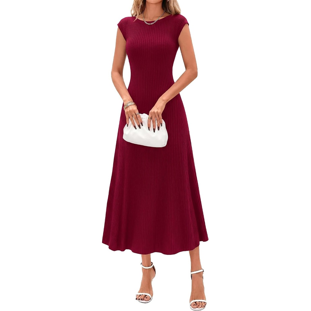 image:imageBTFBM Womens Summer Dresses 2026 Asymmetrical Neck Short Sleeve Pleated Knit Spring Sweater Midi Dress Business CasualBurgundy