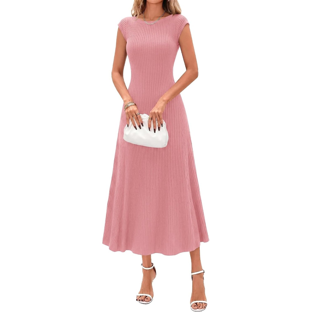 image:imageBTFBM Womens Summer Dresses 2026 Asymmetrical Neck Short Sleeve Pleated Knit Spring Sweater Midi Dress Business CasualPink