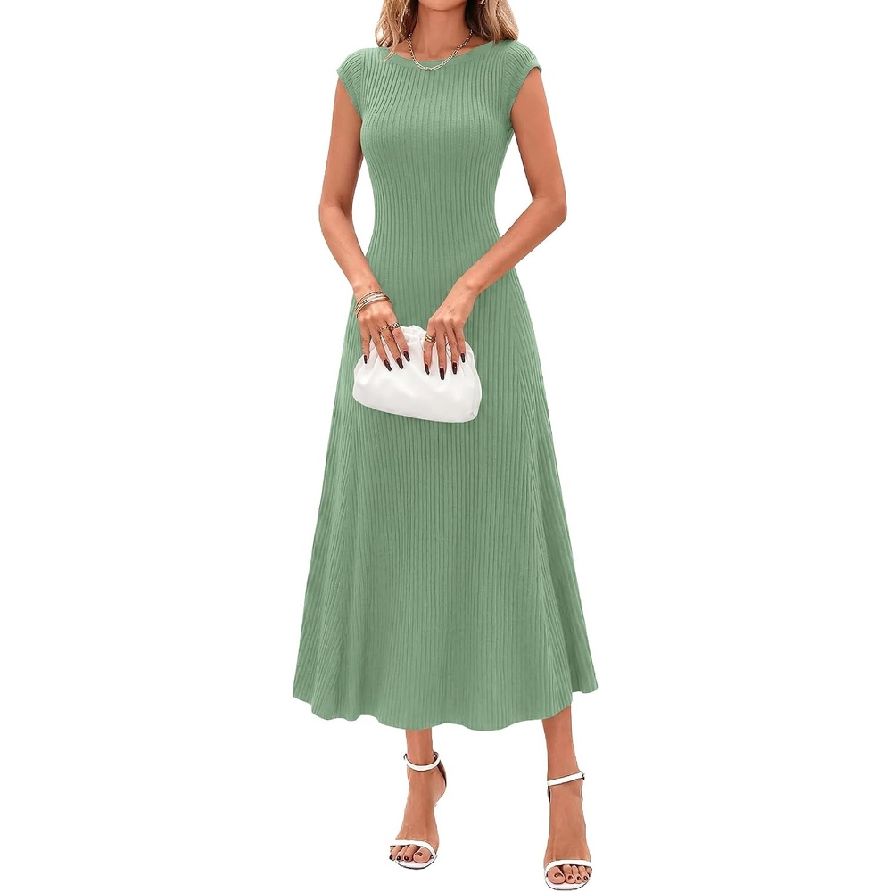 image:imageBTFBM Womens Summer Dresses 2026 Asymmetrical Neck Short Sleeve Pleated Knit Spring Sweater Midi Dress Business CasualSage Green