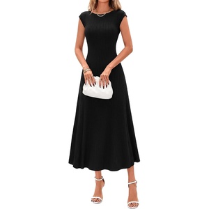 BTFBM Womens Summer Dresses 2026 Asymmetrical Neck Short Sleeve Pleated Knit Spring Sweater Midi Dress Business Casual(Black)