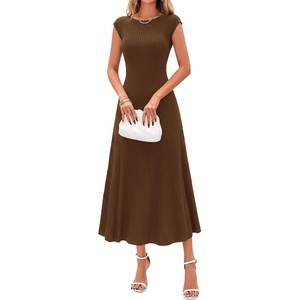 BTFBM Womens Summer Dresses 2026 Asymmetrical Neck Short Sleeve Pleated Knit Spring Sweater Midi Dress Business Casual(Brown)