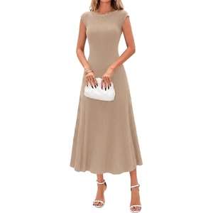 BTFBM Womens Summer Dresses 2026 Asymmetrical Neck Short Sleeve Pleated Knit Spring Sweater Midi Dress Business Casual(Khaki)