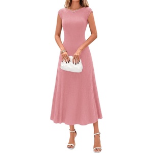 BTFBM Womens Summer Dresses 2026 Asymmetrical Neck Short Sleeve Pleated Knit Spring Sweater Midi Dress Business Casual(Pink)