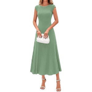 BTFBM Womens Summer Dresses 2026 Asymmetrical Neck Short Sleeve Pleated Knit Spring Sweater Midi Dress Business Casual(Sage Green)