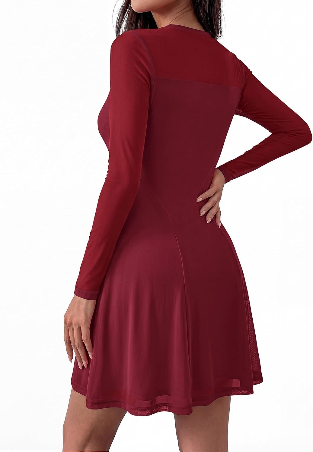 image:imageBTFBM Womens Mini Dress Sheer Mesh Long Sleeve Flowy A Line Casual Cocktail Party Going Out Dresses 2026 Fall FashionBurgundy