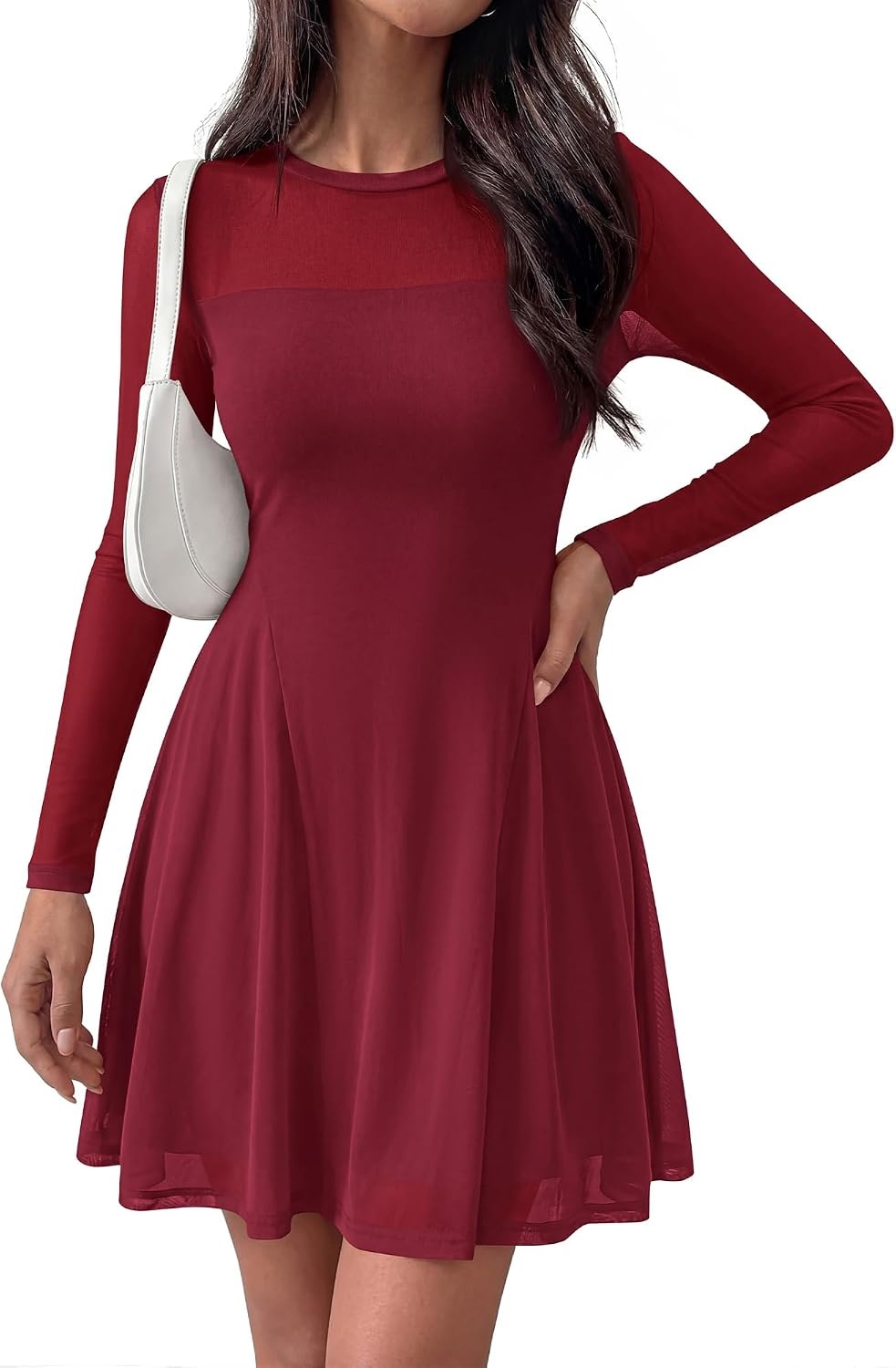 image:imageBTFBM Womens Mini Dress Sheer Mesh Long Sleeve Flowy A Line Casual Cocktail Party Going Out Dresses 2026 Fall FashionBurgundy