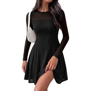 BTFBM Women’s Mini Dress Sheer Mesh Long Sleeve Flowy A Line Casual Cocktail Party Going Out Dresses 2026 Fall Fashion(Black)
