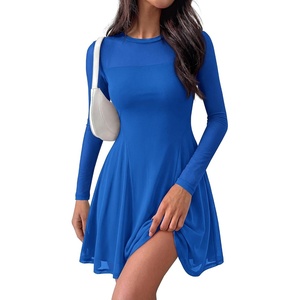 BTFBM Women’s Mini Dress Sheer Mesh Long Sleeve Flowy A Line Casual Cocktail Party Going Out Dresses 2026 Fall Fashion(Blue)