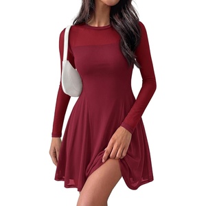 BTFBM Women’s Mini Dress Sheer Mesh Long Sleeve Flowy A Line Casual Cocktail Party Going Out Dresses 2026 Fall Fashion(Burgundy)