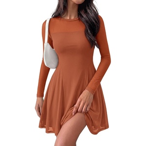 BTFBM Women’s Mini Dress Sheer Mesh Long Sleeve Flowy A Line Casual Cocktail Party Going Out Dresses 2026 Fall Fashion(Caramel)