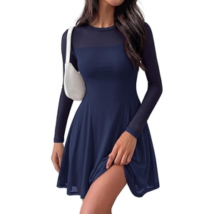 BTFBM Women’s Mini Dress Sheer Mesh Long Sleeve Flowy A Line Casual Cocktail Party Going Out Dresses 2026 Fall Fashion(Navy Blue)
