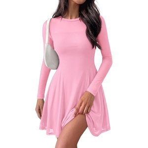 BTFBM Women’s Mini Dress Sheer Mesh Long Sleeve Flowy A Line Casual Cocktail Party Going Out Dresses 2026 Fall Fashion(Pink)