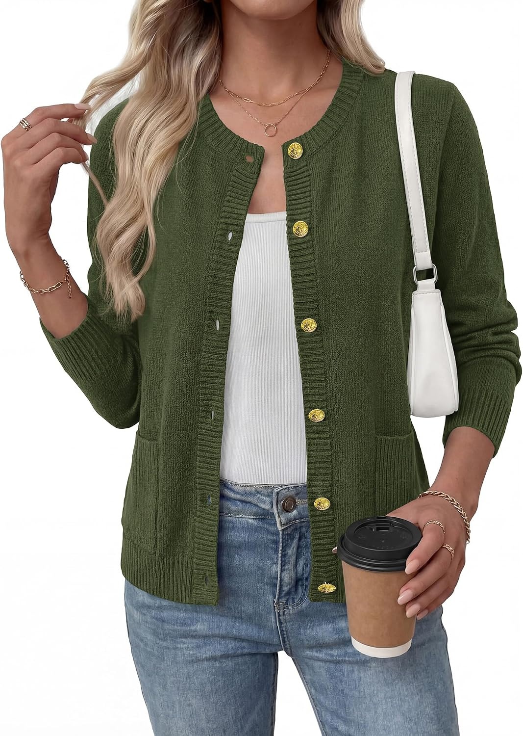 image:imageBTFBM Cardigan Sweaters for Women 2026 Fall Clothes Long Sleeve Button Down Open Front Soft Knit Lightweight SweaterArmy Green