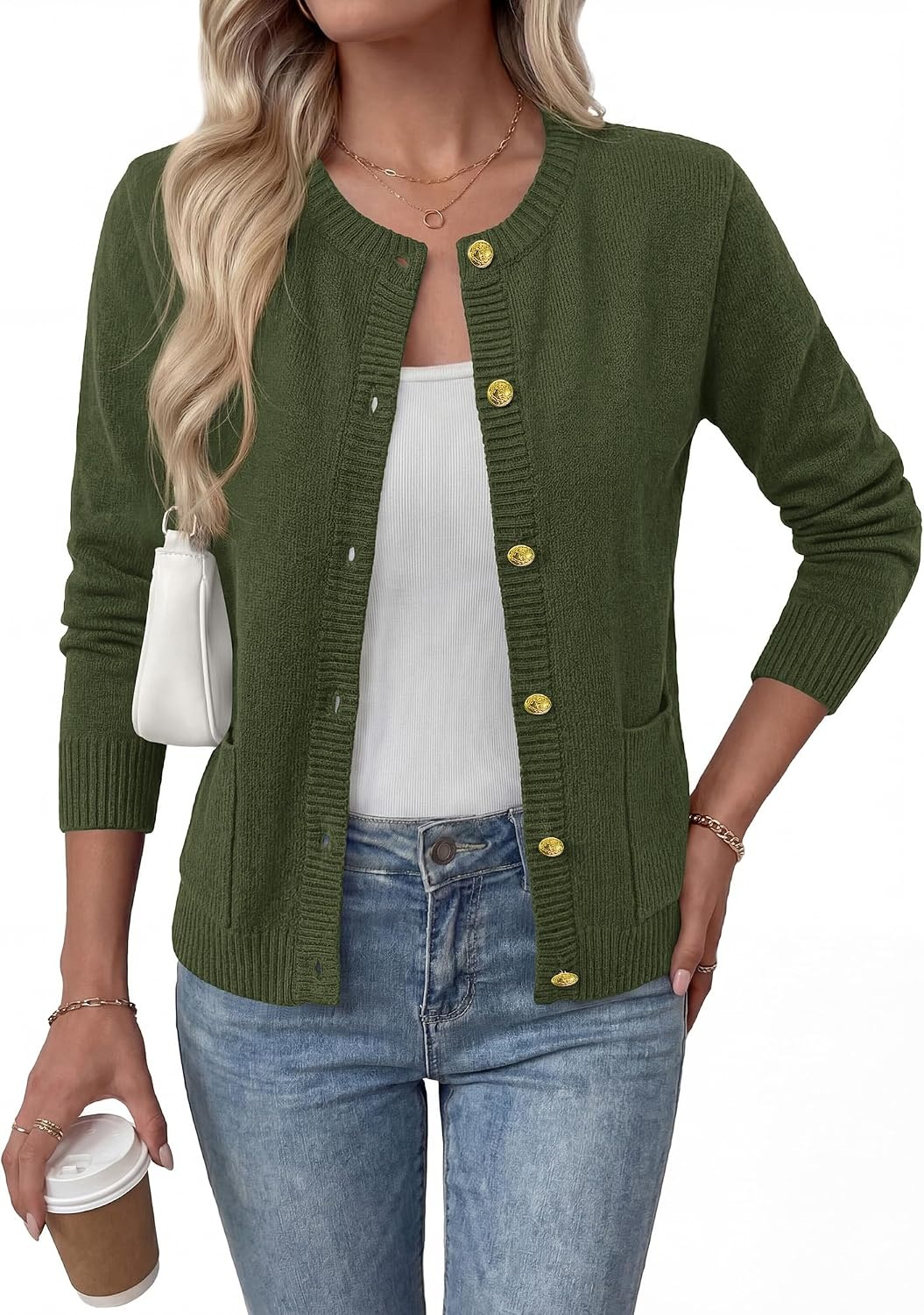 image:imageBTFBM Cardigan Sweaters for Women 2026 Fall Clothes Long Sleeve Button Down Open Front Soft Knit Lightweight SweaterArmy Green