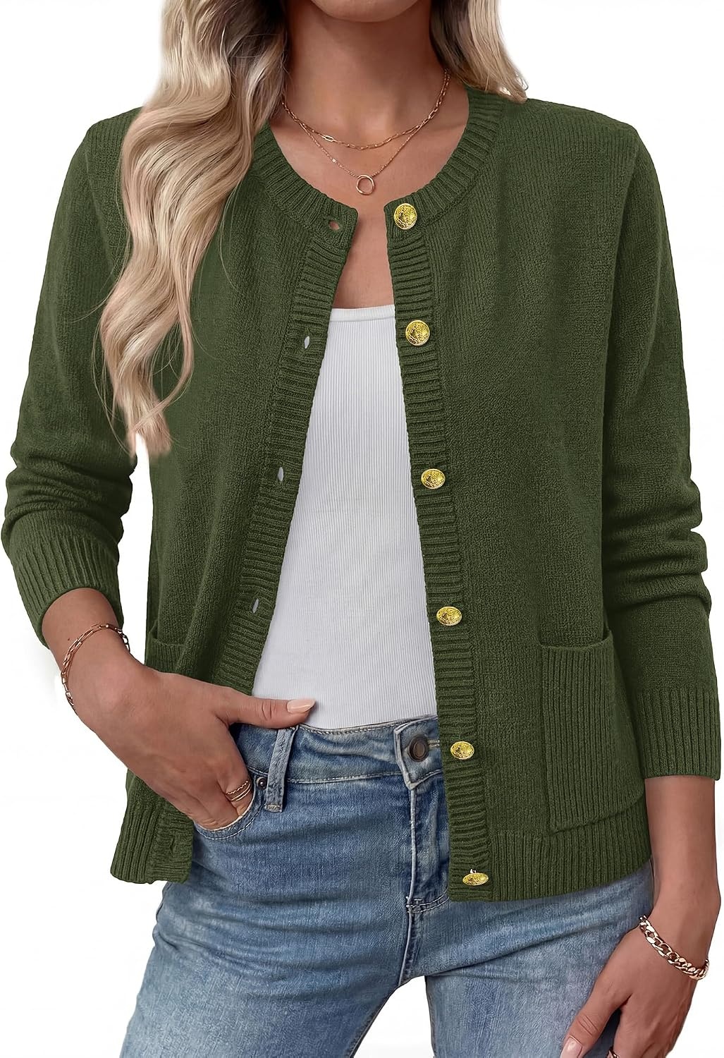 image:imageBTFBM Cardigan Sweaters for Women 2026 Fall Clothes Long Sleeve Button Down Open Front Soft Knit Lightweight SweaterArmy Green