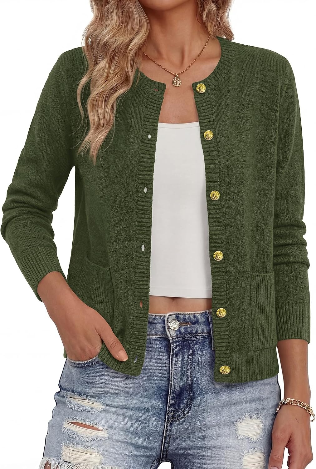 image:imageBTFBM Cardigan Sweaters for Women 2026 Fall Clothes Long Sleeve Button Down Open Front Soft Knit Lightweight SweaterArmy Green