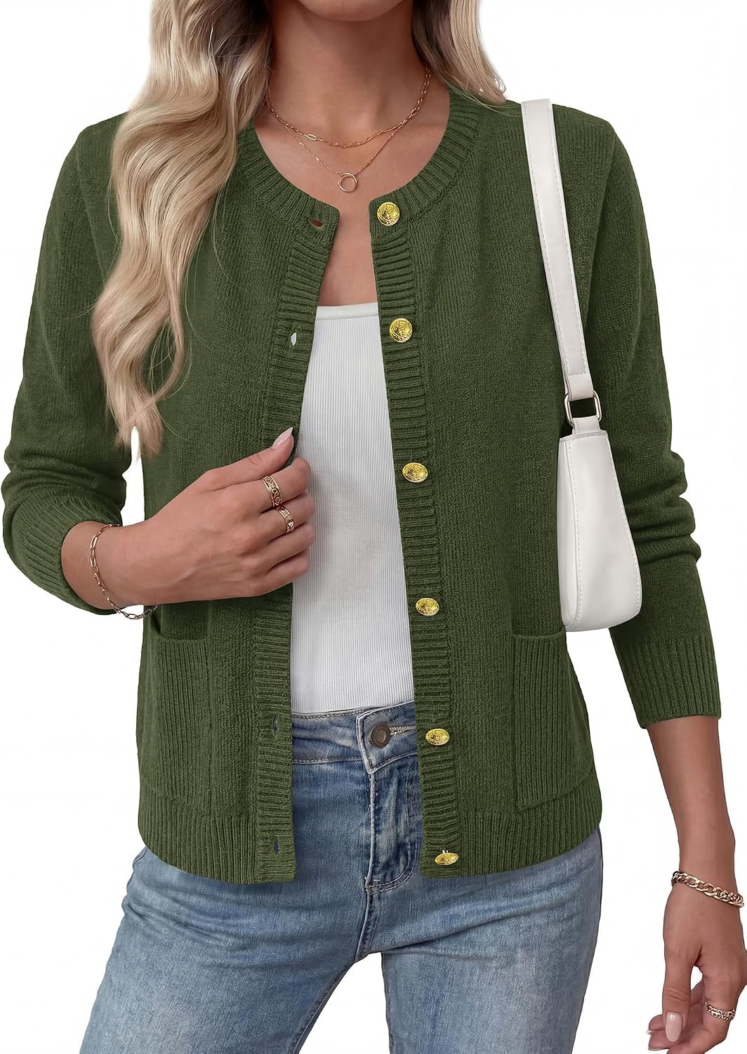 image:imageBTFBM Cardigan Sweaters for Women 2026 Fall Clothes Long Sleeve Button Down Open Front Soft Knit Lightweight SweaterArmy Green
