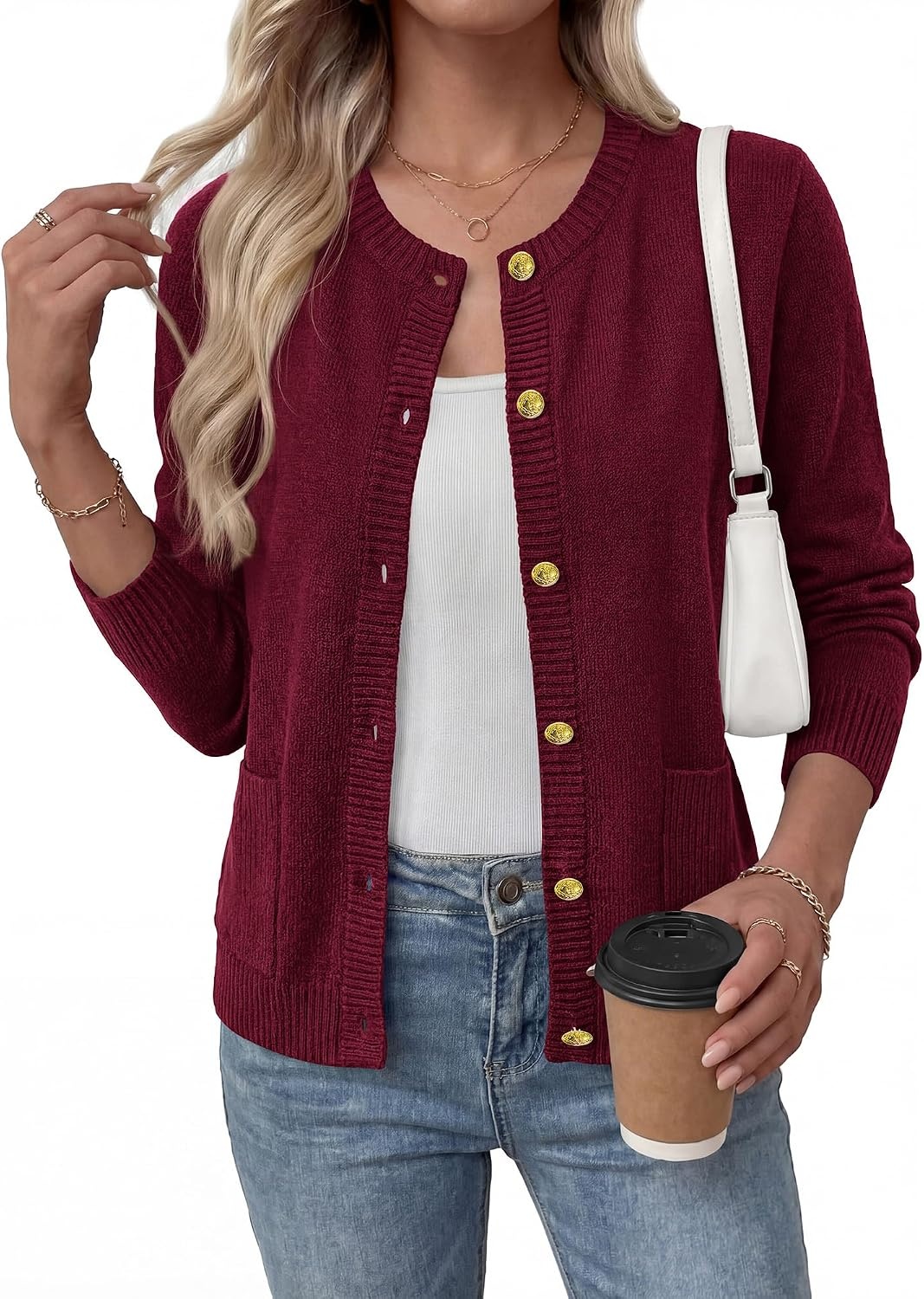 image:imageBTFBM Cardigan Sweaters for Women 2026 Fall Clothes Long Sleeve Button Down Open Front Soft Knit Lightweight SweaterBurgundy