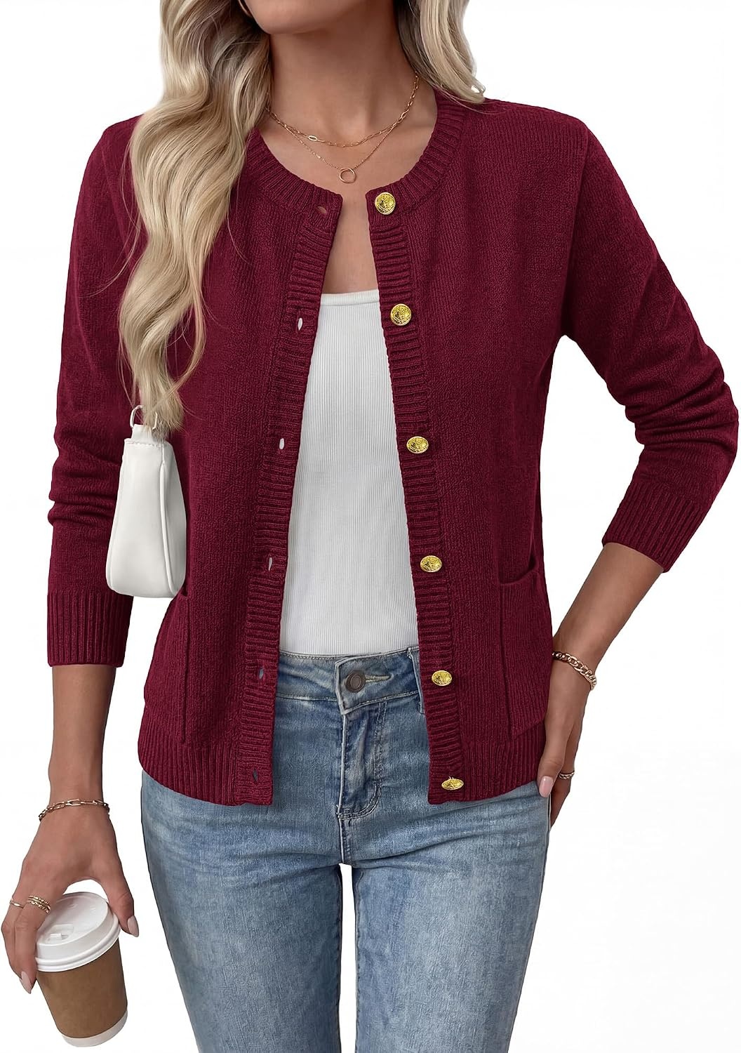 image:imageBTFBM Cardigan Sweaters for Women 2026 Fall Clothes Long Sleeve Button Down Open Front Soft Knit Lightweight SweaterBurgundy