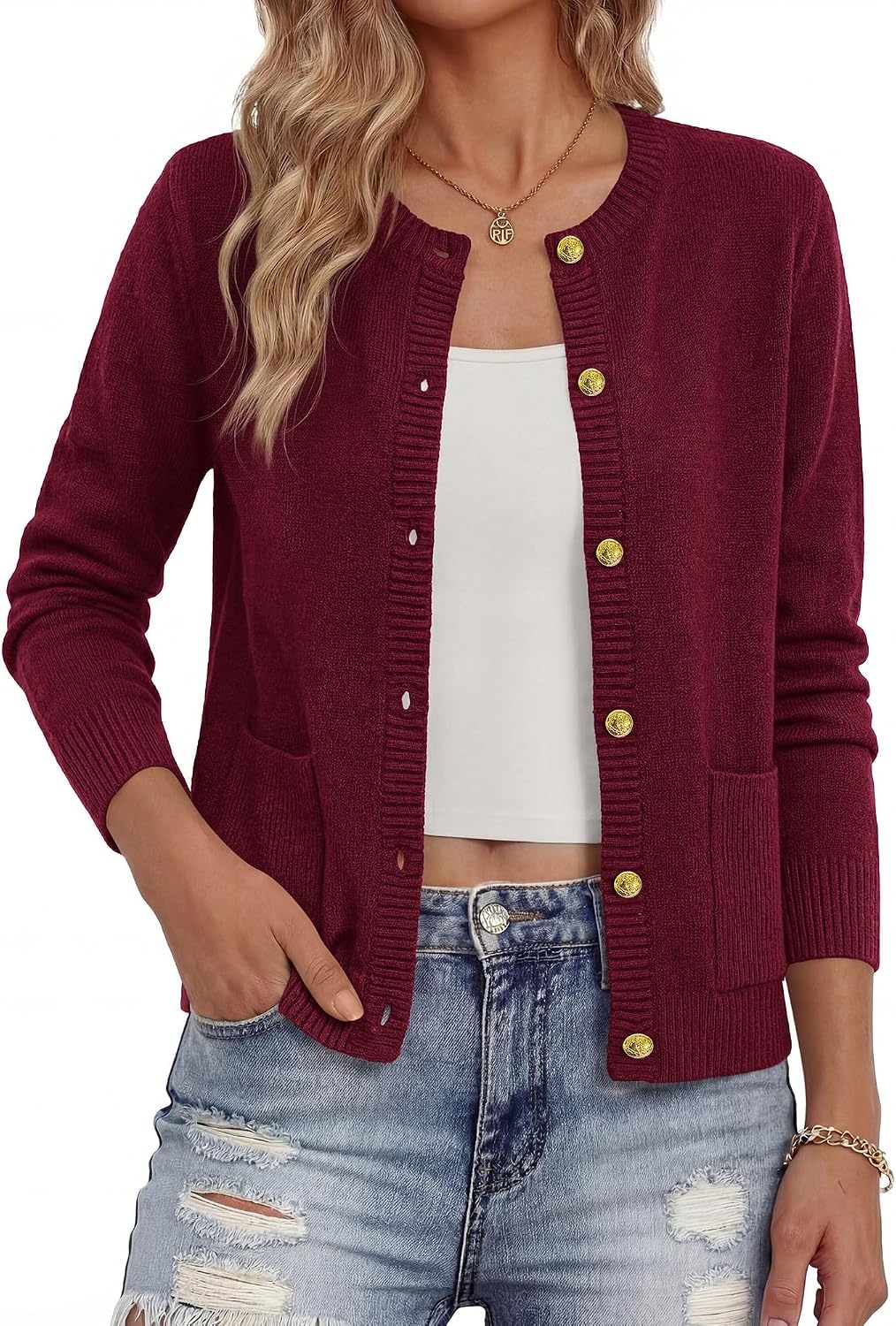 image:imageBTFBM Cardigan Sweaters for Women 2026 Fall Clothes Long Sleeve Button Down Open Front Soft Knit Lightweight SweaterBurgundy