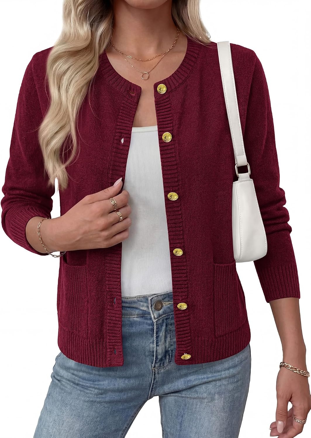image:imageBTFBM Cardigan Sweaters for Women 2026 Fall Clothes Long Sleeve Button Down Open Front Soft Knit Lightweight SweaterBurgundy