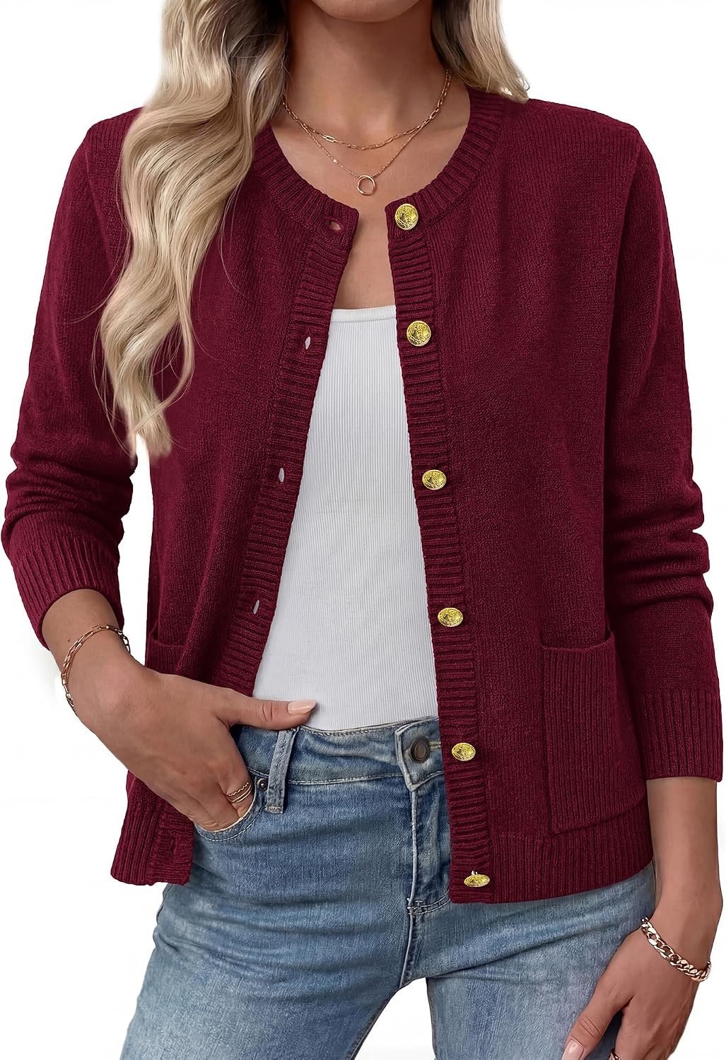 image:imageBTFBM Cardigan Sweaters for Women 2026 Fall Clothes Long Sleeve Button Down Open Front Soft Knit Lightweight SweaterBurgundy