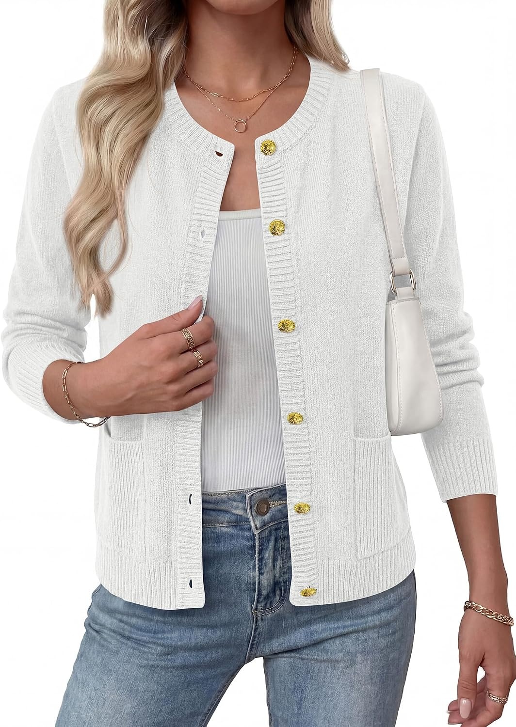 image:imageBTFBM Cardigan Sweaters for Women 2026 Fall Clothes Long Sleeve Button Down Open Front Soft Knit Lightweight SweaterWhite