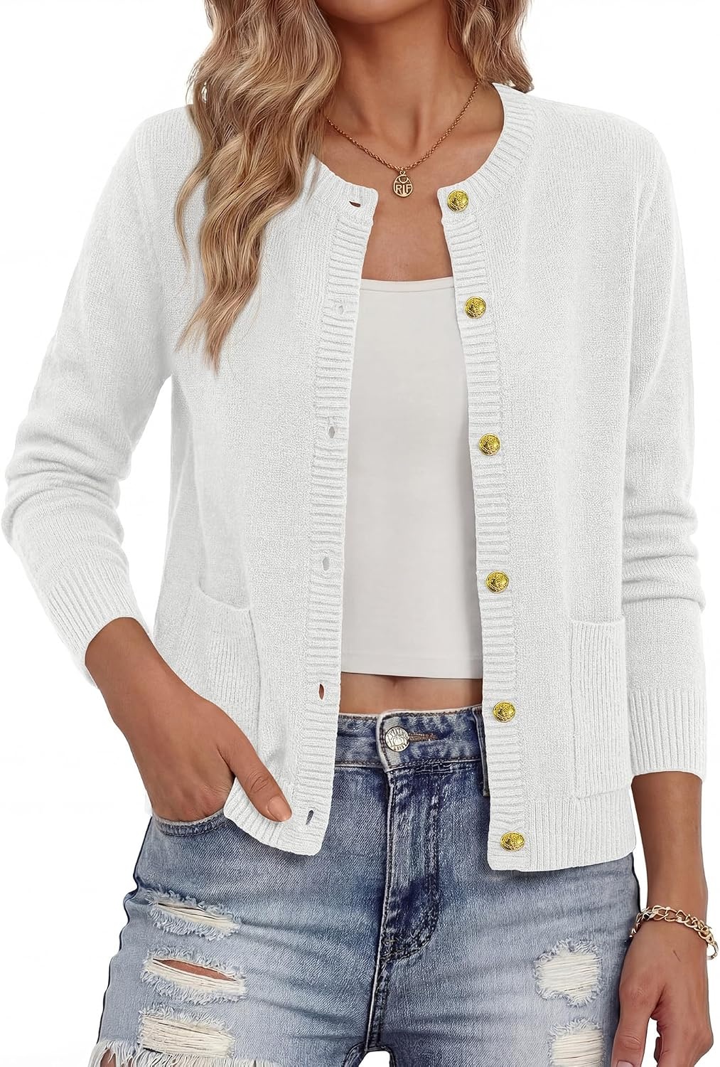 image:imageBTFBM Cardigan Sweaters for Women 2026 Fall Clothes Long Sleeve Button Down Open Front Soft Knit Lightweight SweaterWhite