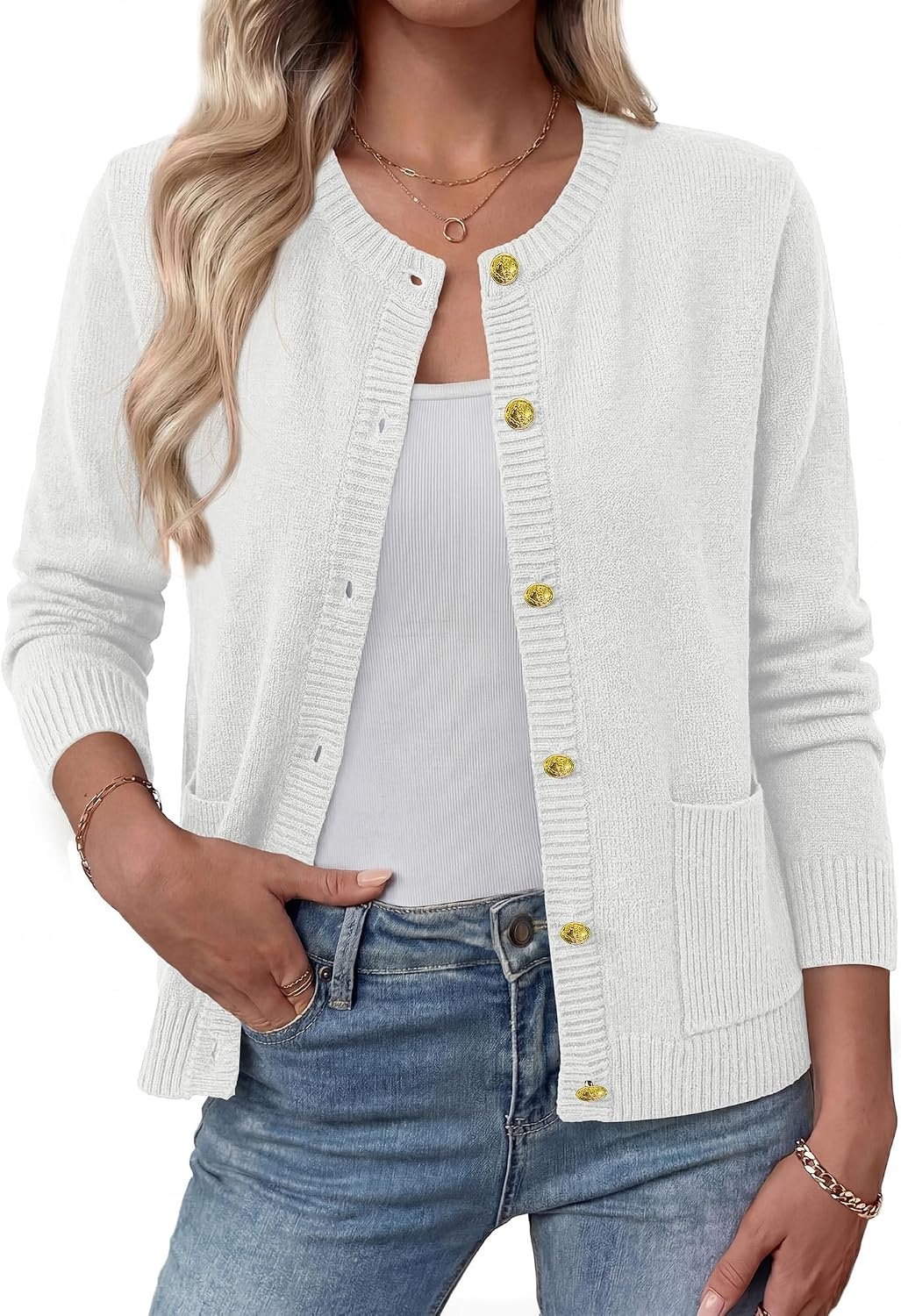 image:imageBTFBM Cardigan Sweaters for Women 2026 Fall Clothes Long Sleeve Button Down Open Front Soft Knit Lightweight SweaterWhite