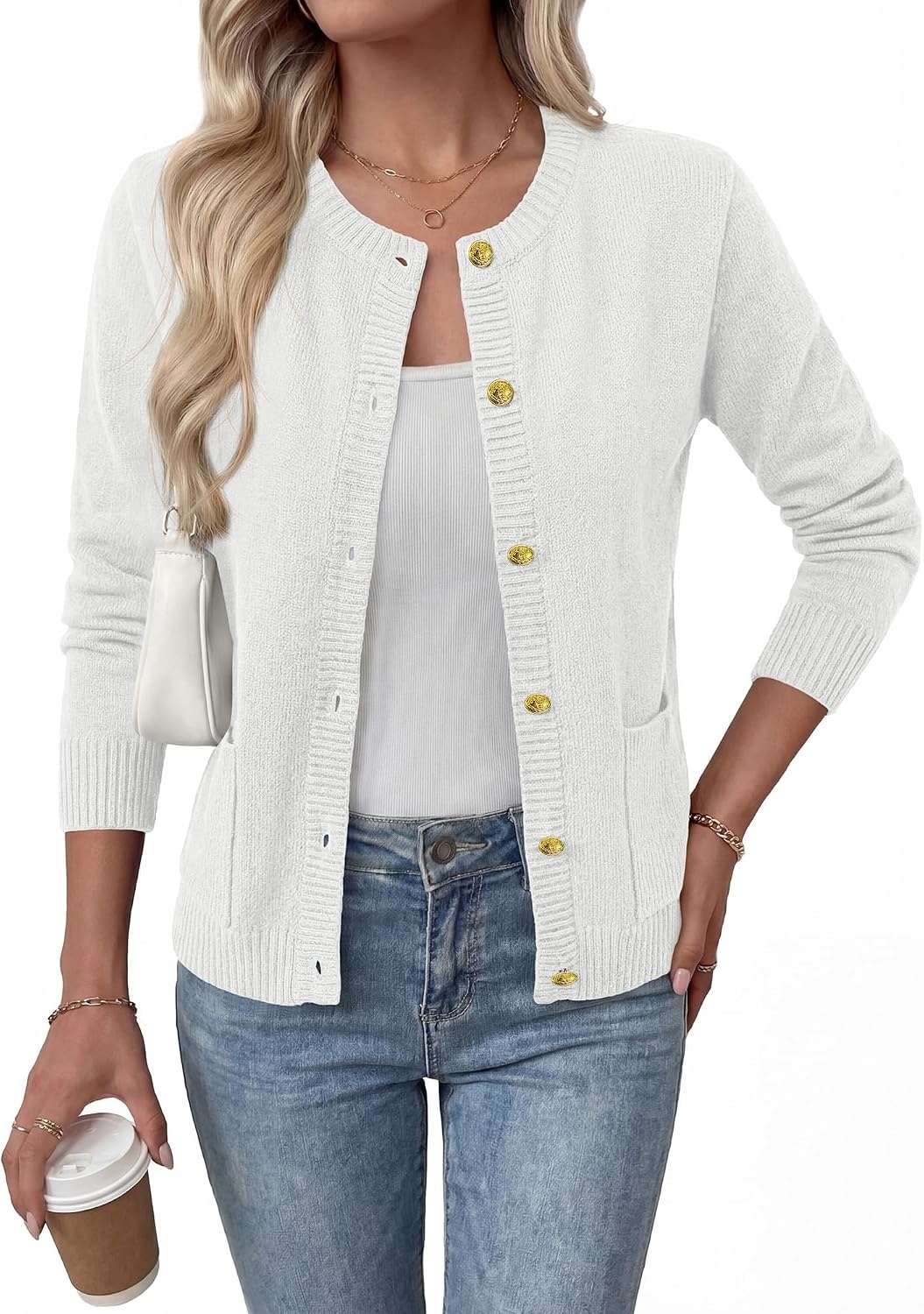 image:imageBTFBM Cardigan Sweaters for Women 2026 Fall Clothes Long Sleeve Button Down Open Front Soft Knit Lightweight SweaterWhite