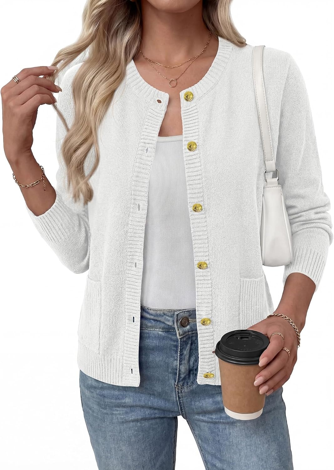 image:imageBTFBM Cardigan Sweaters for Women 2026 Fall Clothes Long Sleeve Button Down Open Front Soft Knit Lightweight SweaterWhite