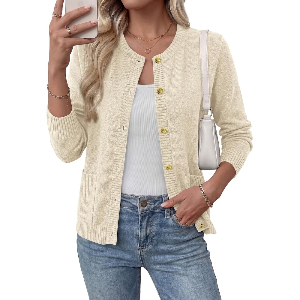 image:imageBTFBM Cardigan Sweaters for Women 2026 Fall Clothes Long Sleeve Button Down Open Front Soft Knit Lightweight SweaterBeige