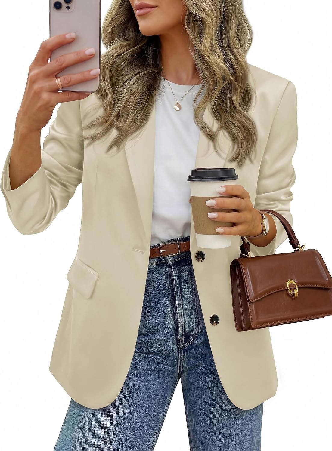 image:imageBTFBM Satin Long Sleeve Blazers for Women 2026 Work Office Suit Jackets with PocketsBusiness Casual OutfitsFall WinterBeige