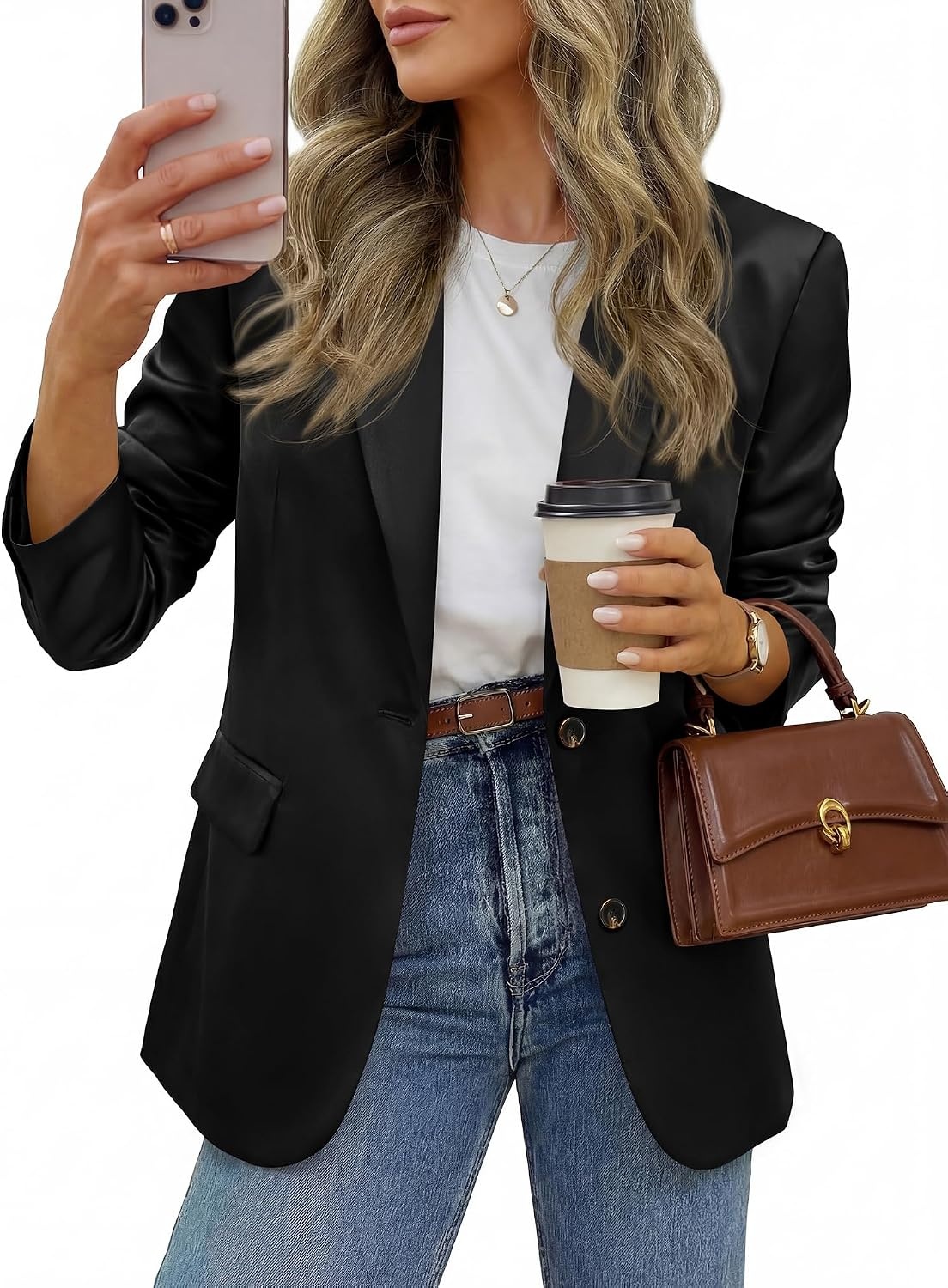 image:imageBTFBM Satin Long Sleeve Blazers for Women 2026 Work Office Suit Jackets with PocketsBusiness Casual OutfitsFall WinterBlack