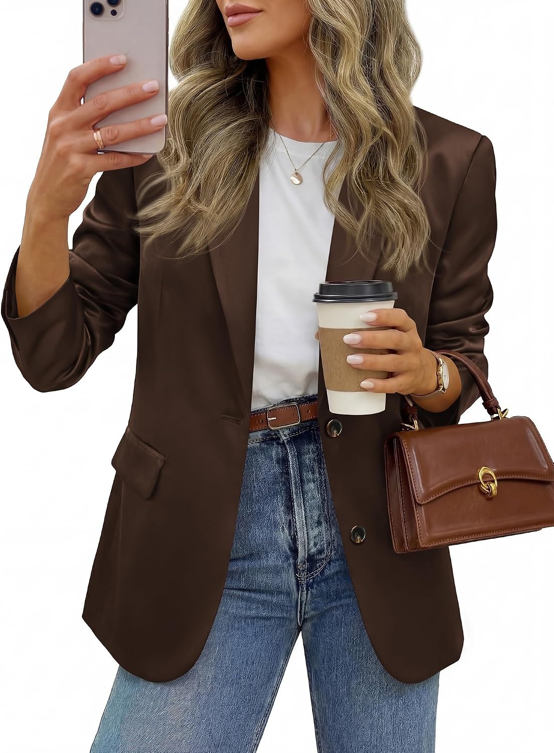 image:imageBTFBM Satin Long Sleeve Blazers for Women 2026 Work Office Suit Jackets with PocketsBusiness Casual OutfitsFall WinterBrown